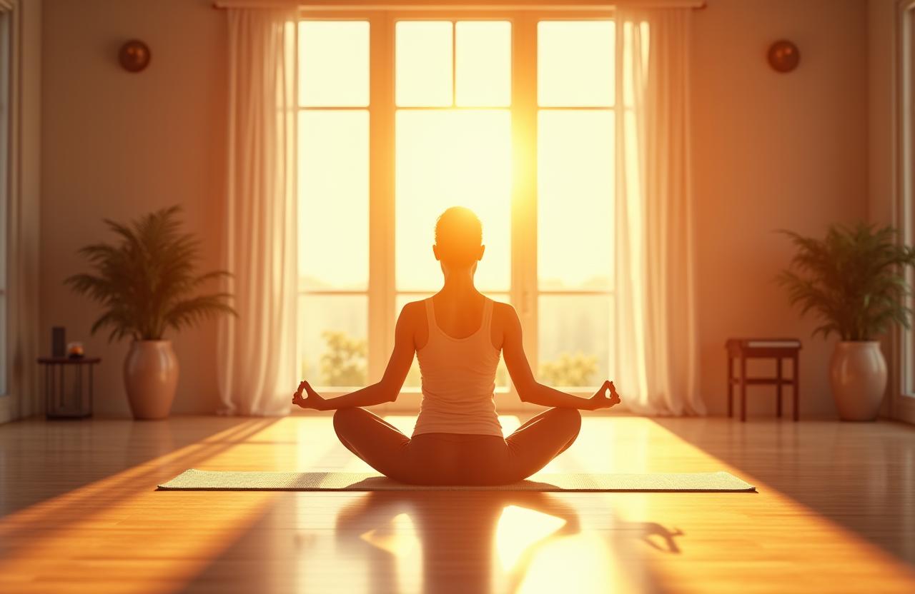 A serene yoga practitioner in a sunlit room at Anam Yoga & Wellness.
